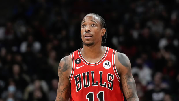 Bulls forward DeMar DeRozan looks on during a game.